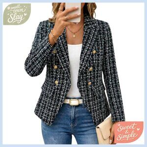 Tweed Plaid Blazer Slim Fit Double-Breasted Fully-Lined Petite Work Casual